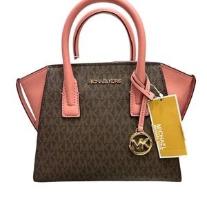 Michael Kors Brown and Pink Satchel with Monogram Print